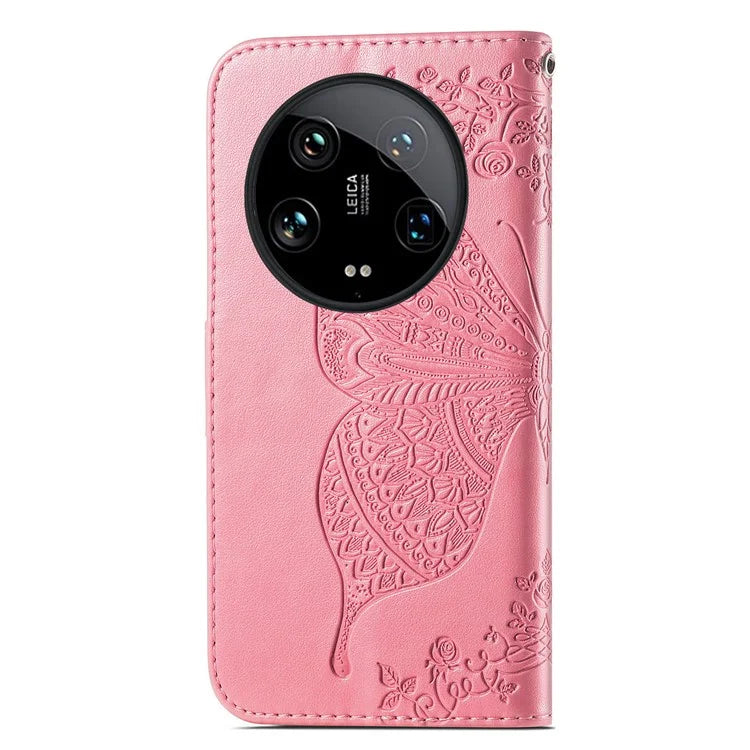 For Xiaomi 14 Ultra PU Leather Case Imprint Butterfly Flower Phone Cover
