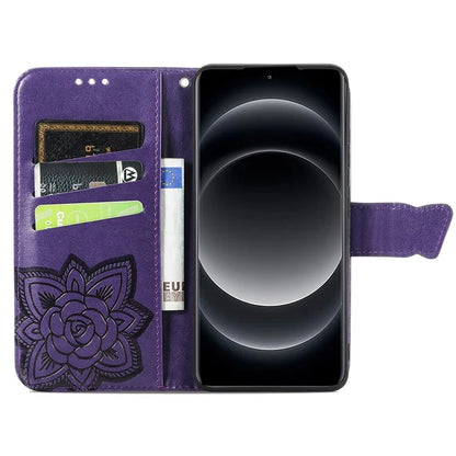 For Xiaomi 14 Ultra PU Leather Case Imprint Butterfly Flower Phone Cover