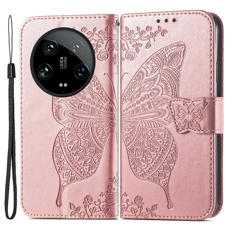 For Xiaomi 14 Ultra PU Leather Case Imprint Butterfly Flower Phone Cover