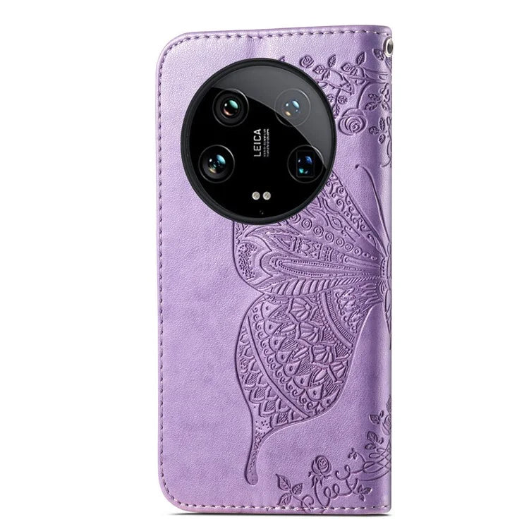For Xiaomi 14 Ultra PU Leather Case Imprint Butterfly Flower Phone Cover