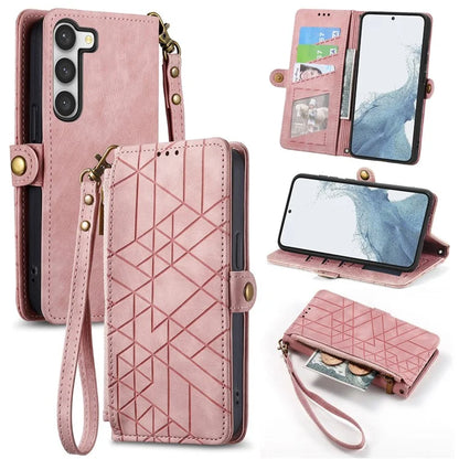 For Samsung Galaxy S23 Case Geometry Zipper Wallet Leather Phone Cover with Wrist Strap