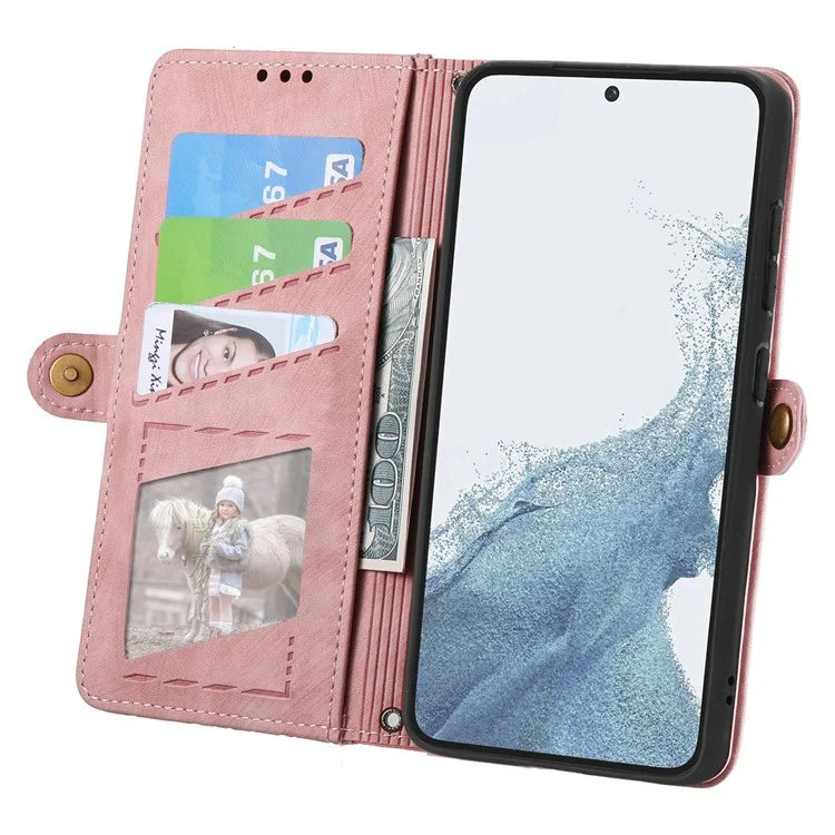 For Samsung Galaxy S23 Case Geometry Zipper Wallet Leather Phone Cover with Wrist Strap