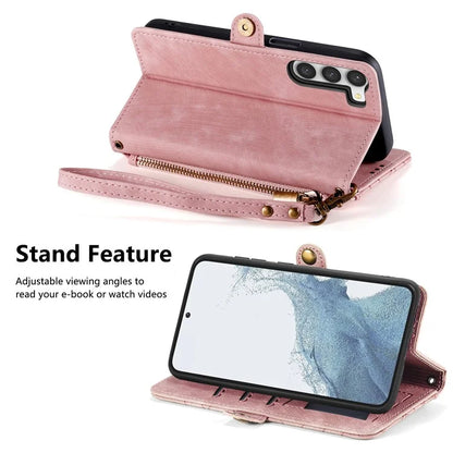 For Samsung Galaxy S23 Case Geometry Zipper Wallet Leather Phone Cover with Wrist Strap