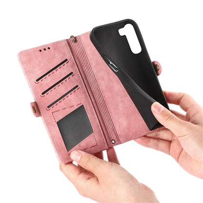 For Samsung Galaxy S23 Case Geometry Zipper Wallet Leather Phone Cover with Wrist Strap