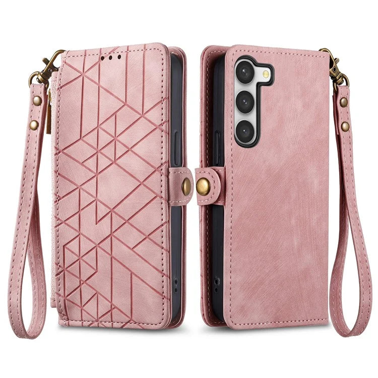 For Samsung Galaxy S23 Case Geometry Zipper Wallet Leather Phone Cover with Wrist Strap