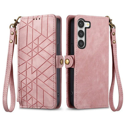 For Samsung Galaxy S23 Case Geometry Zipper Wallet Leather Phone Cover with Wrist Strap