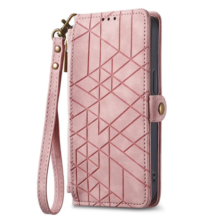 For Samsung Galaxy S23 Case Geometry Zipper Wallet Leather Phone Cover with Wrist Strap