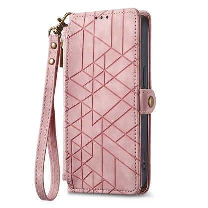 For Samsung Galaxy S23 Case Geometry Zipper Wallet Leather Phone Cover with Wrist Strap