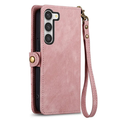 For Samsung Galaxy S23 Case Geometry Zipper Wallet Leather Phone Cover with Wrist Strap