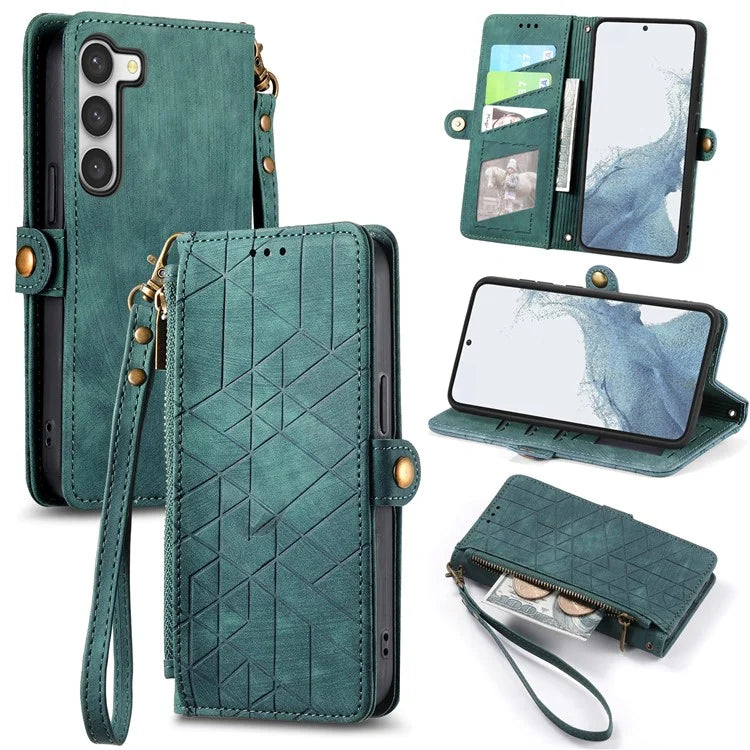 For Samsung Galaxy S23 Case Geometry Zipper Wallet Leather Phone Cover with Wrist Strap