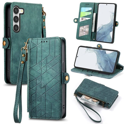 For Samsung Galaxy S23 Case Geometry Zipper Wallet Leather Phone Cover with Wrist Strap