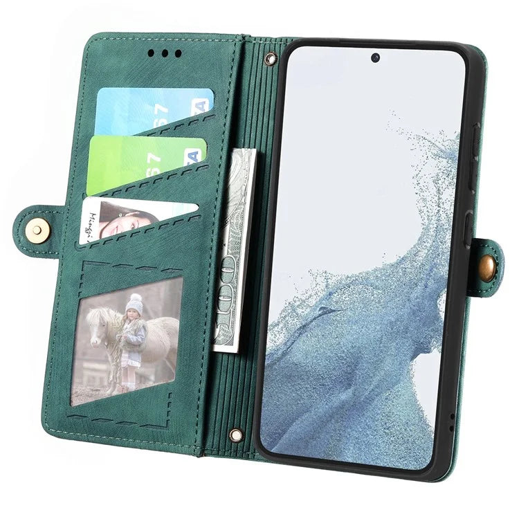 For Samsung Galaxy S23 Case Geometry Zipper Wallet Leather Phone Cover with Wrist Strap