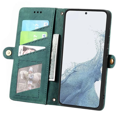 For Samsung Galaxy S23 Case Geometry Zipper Wallet Leather Phone Cover with Wrist Strap