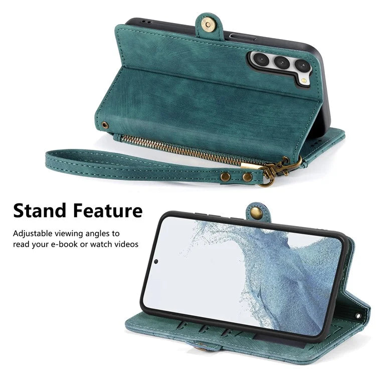 For Samsung Galaxy S23 Case Geometry Zipper Wallet Leather Phone Cover with Wrist Strap