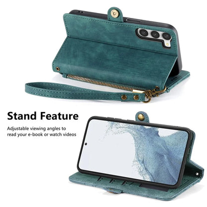 For Samsung Galaxy S23 Case Geometry Zipper Wallet Leather Phone Cover with Wrist Strap