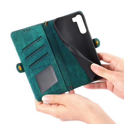For Samsung Galaxy S23 Case Geometry Zipper Wallet Leather Phone Cover with Wrist Strap