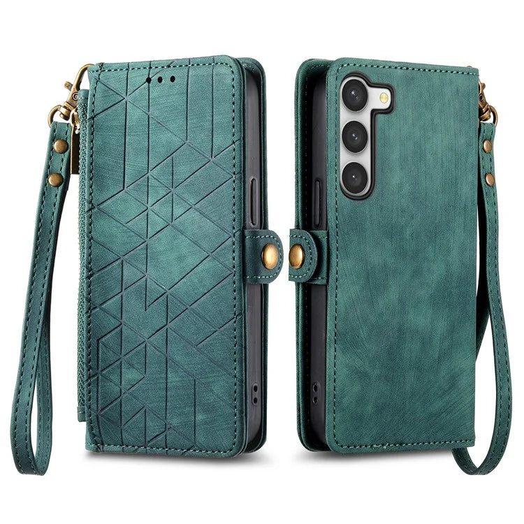 For Samsung Galaxy S23 Case Geometry Zipper Wallet Leather Phone Cover with Wrist Strap