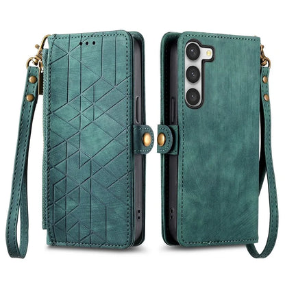 For Samsung Galaxy S23 Case Geometry Zipper Wallet Leather Phone Cover with Wrist Strap