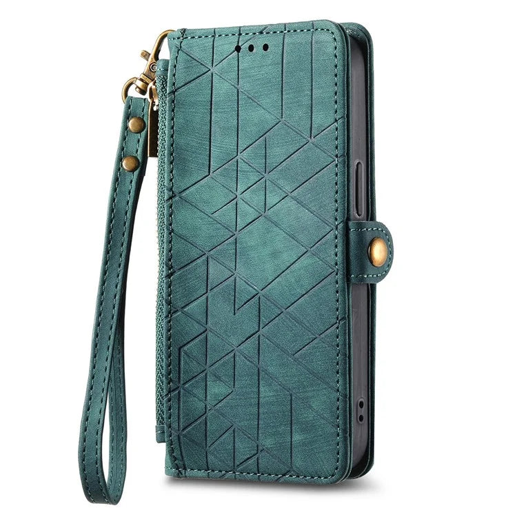 For Samsung Galaxy S23 Case Geometry Zipper Wallet Leather Phone Cover with Wrist Strap