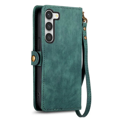 For Samsung Galaxy S23 Case Geometry Zipper Wallet Leather Phone Cover with Wrist Strap