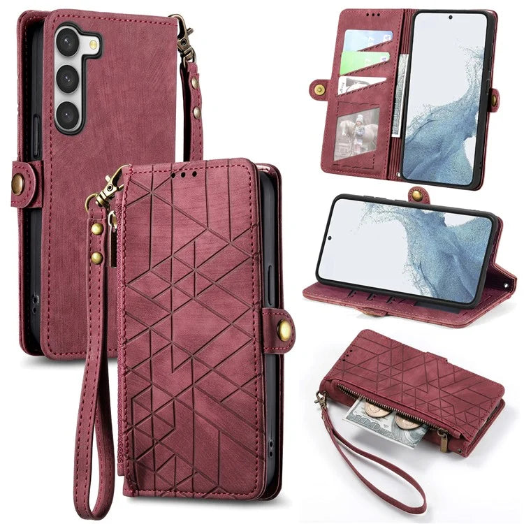 For Samsung Galaxy S23 Case Geometry Zipper Wallet Leather Phone Cover with Wrist Strap