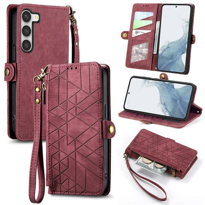 For Samsung Galaxy S23 Case Geometry Zipper Wallet Leather Phone Cover with Wrist Strap