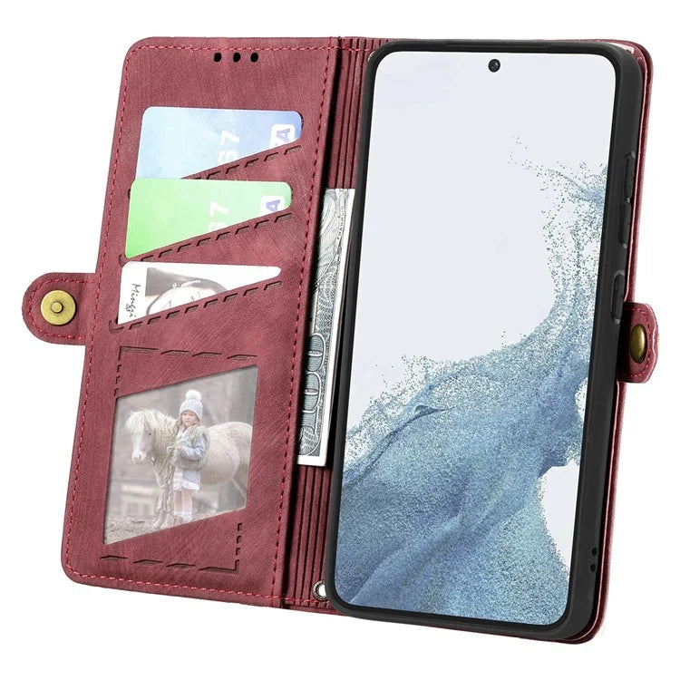 For Samsung Galaxy S23 Case Geometry Zipper Wallet Leather Phone Cover with Wrist Strap