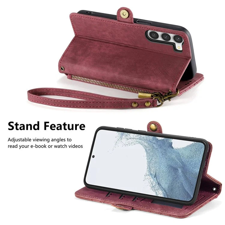 For Samsung Galaxy S23 Case Geometry Zipper Wallet Leather Phone Cover with Wrist Strap