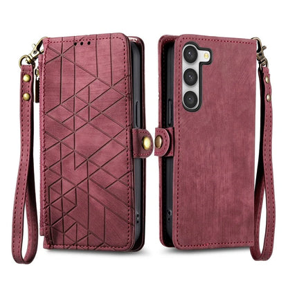 For Samsung Galaxy S23 Case Geometry Zipper Wallet Leather Phone Cover with Wrist Strap