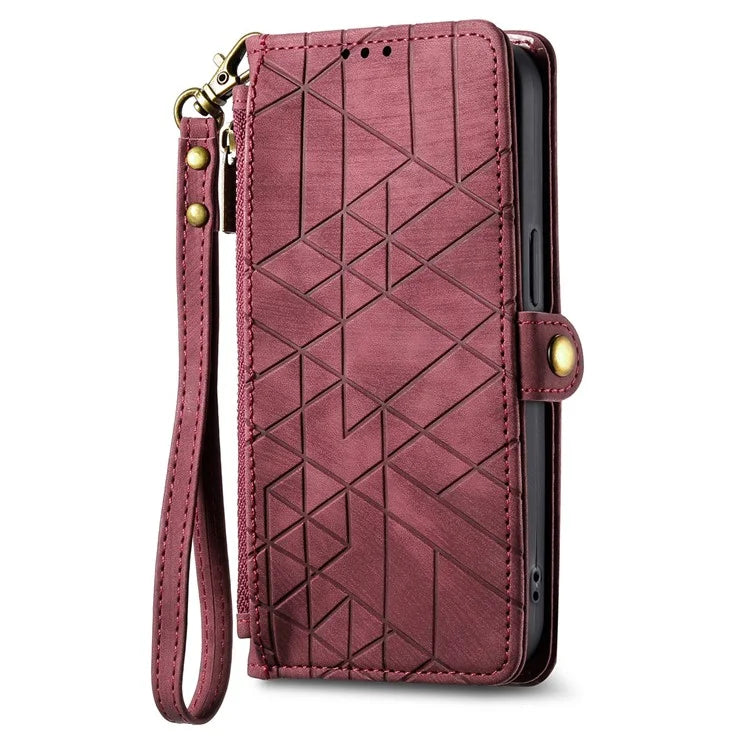 For Samsung Galaxy S23 Case Geometry Zipper Wallet Leather Phone Cover with Wrist Strap