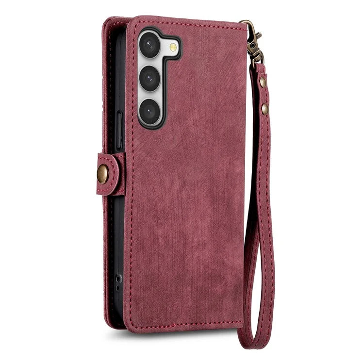 For Samsung Galaxy S23 Case Geometry Zipper Wallet Leather Phone Cover with Wrist Strap