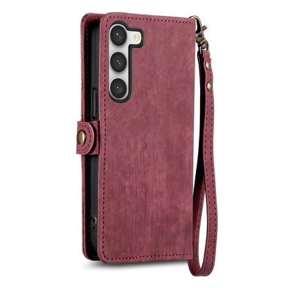 For Samsung Galaxy S23 Case Geometry Zipper Wallet Leather Phone Cover with Wrist Strap