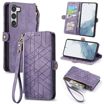 For Samsung Galaxy S23 Case Geometry Zipper Wallet Leather Phone Cover with Wrist Strap