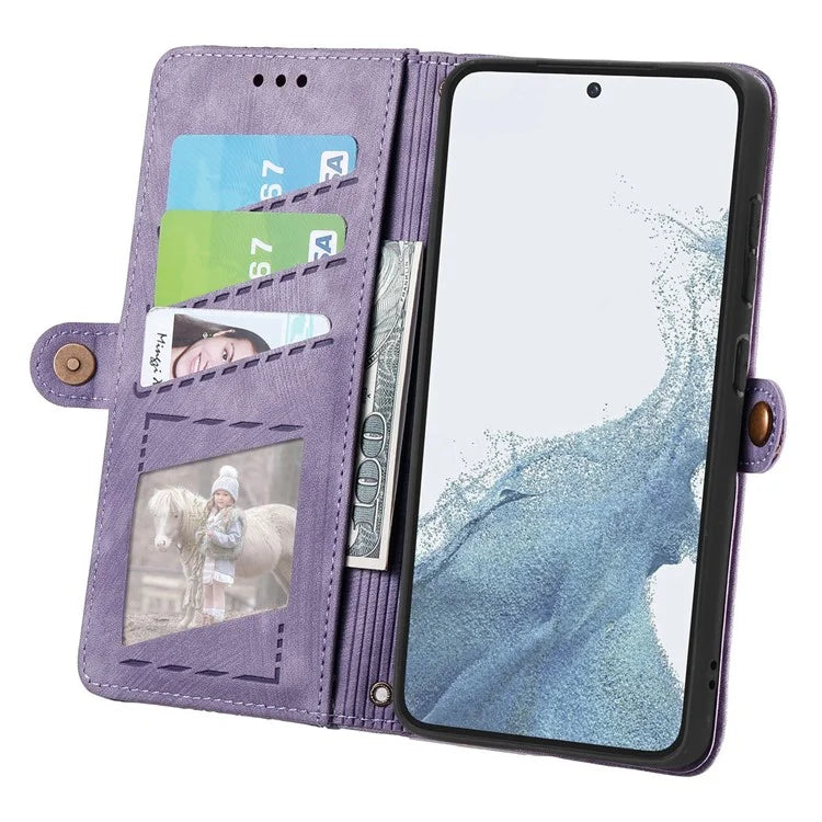 For Samsung Galaxy S23 Case Geometry Zipper Wallet Leather Phone Cover with Wrist Strap
