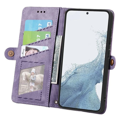 For Samsung Galaxy S23 Case Geometry Zipper Wallet Leather Phone Cover with Wrist Strap