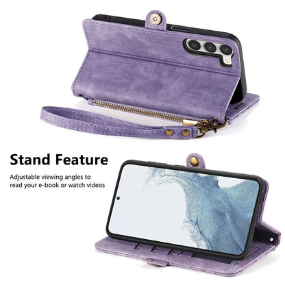 For Samsung Galaxy S23 Case Geometry Zipper Wallet Leather Phone Cover with Wrist Strap