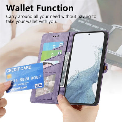 For Samsung Galaxy S23 Case Geometry Zipper Wallet Leather Phone Cover with Wrist Strap