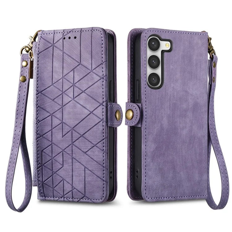 For Samsung Galaxy S23 Case Geometry Zipper Wallet Leather Phone Cover with Wrist Strap