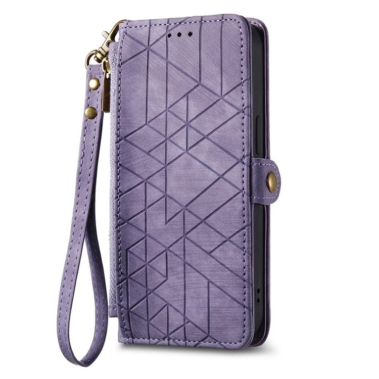 For Samsung Galaxy S23 Case Geometry Zipper Wallet Leather Phone Cover with Wrist Strap