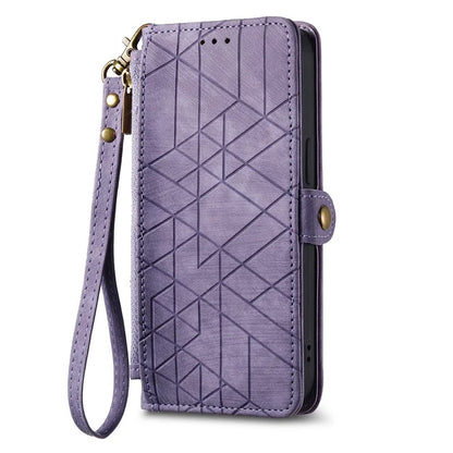 For Samsung Galaxy S23 Case Geometry Zipper Wallet Leather Phone Cover with Wrist Strap