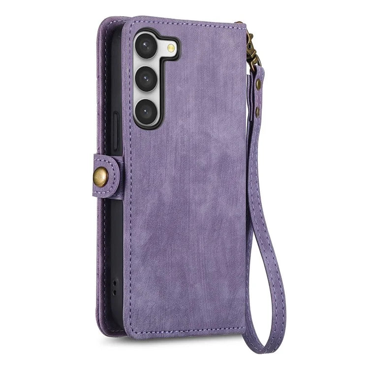 For Samsung Galaxy S23 Case Geometry Zipper Wallet Leather Phone Cover with Wrist Strap