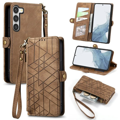 For Samsung Galaxy S23 Case Geometry Zipper Wallet Leather Phone Cover with Wrist Strap