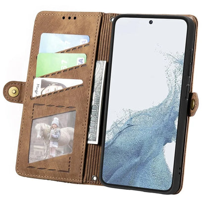 For Samsung Galaxy S23 Case Geometry Zipper Wallet Leather Phone Cover with Wrist Strap