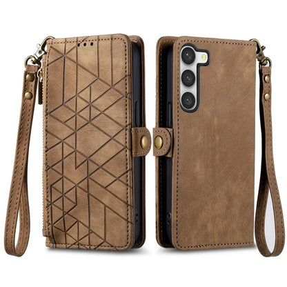For Samsung Galaxy S23 Case Geometry Zipper Wallet Leather Phone Cover with Wrist Strap