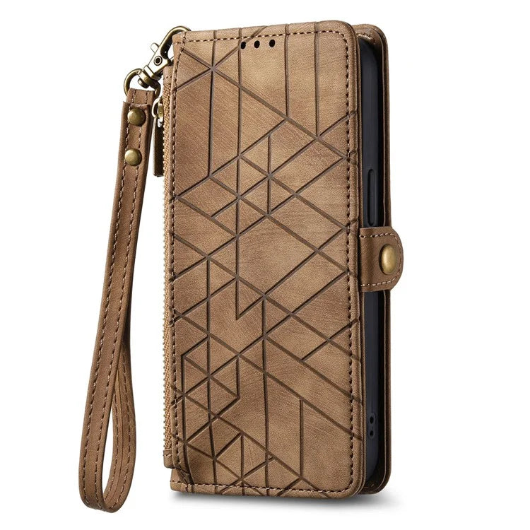 For Samsung Galaxy S23 Case Geometry Zipper Wallet Leather Phone Cover with Wrist Strap