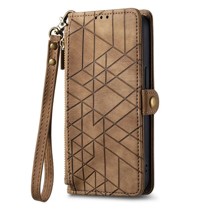 For Samsung Galaxy S23 Case Geometry Zipper Wallet Leather Phone Cover with Wrist Strap