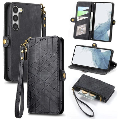 For Samsung Galaxy S23 Case Geometry Zipper Wallet Leather Phone Cover with Wrist Strap