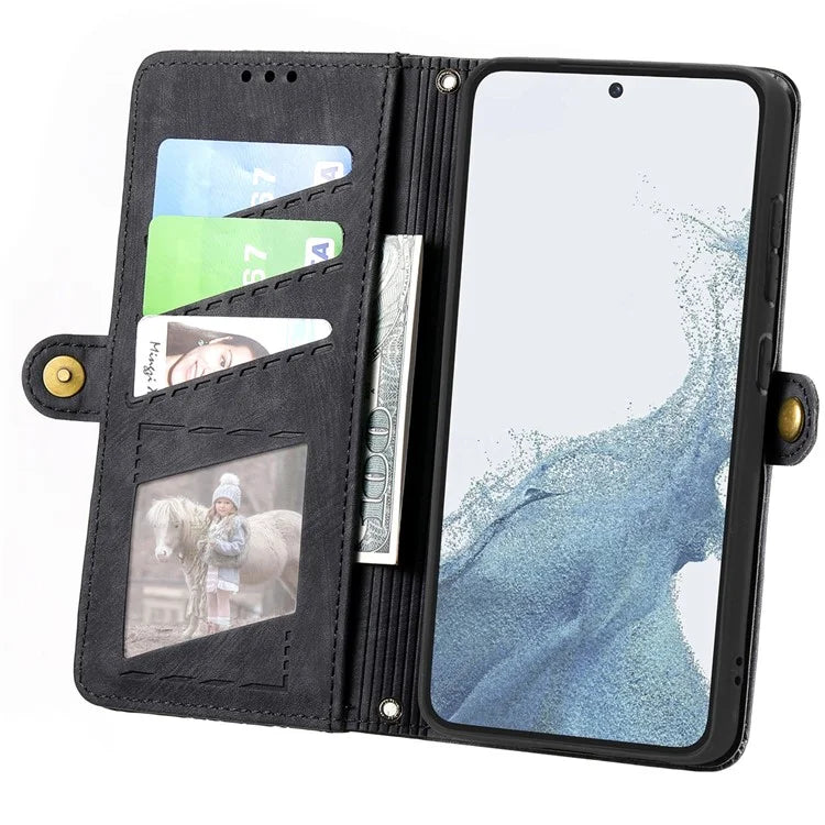 For Samsung Galaxy S23 Case Geometry Zipper Wallet Leather Phone Cover with Wrist Strap
