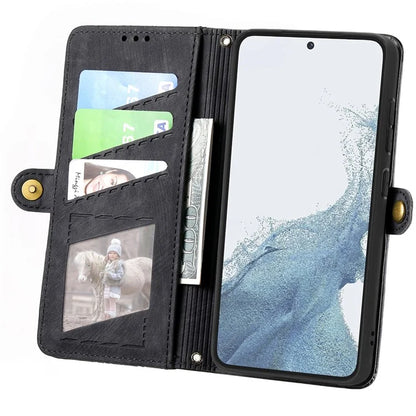 For Samsung Galaxy S23 Case Geometry Zipper Wallet Leather Phone Cover with Wrist Strap