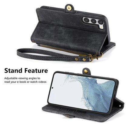 For Samsung Galaxy S23 Case Geometry Zipper Wallet Leather Phone Cover with Wrist Strap